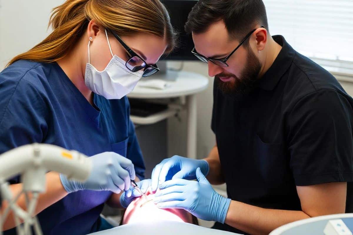 An implant dentist making implants to a patient