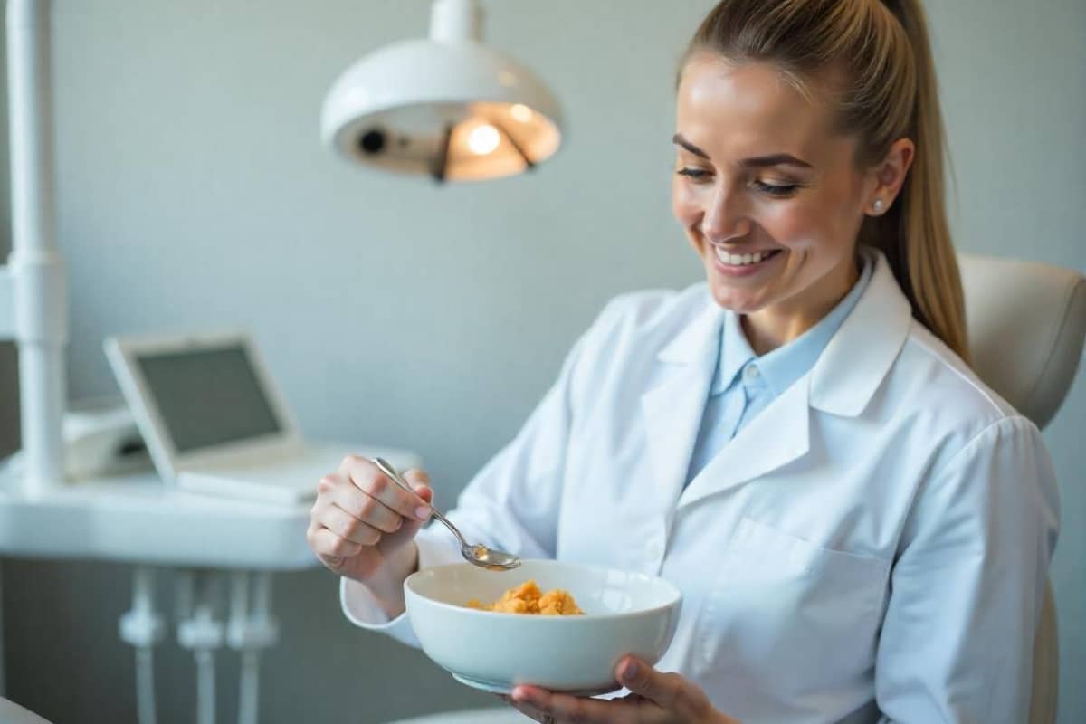 Dentist in a dental clinic showing the impact of diet on oral health.