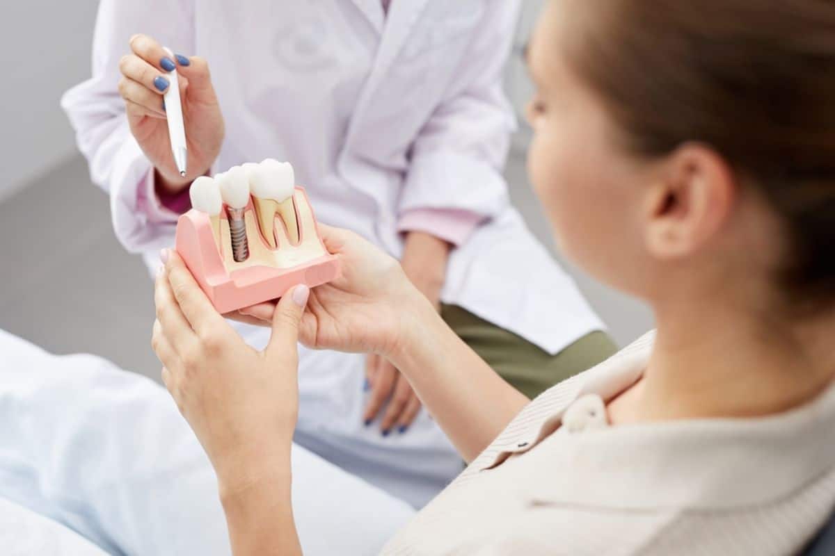 Dentist showing patient dental model of teeth during consultation in clinical setting.